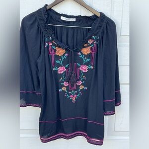 Women subtle luxury boho top flutter sleeves embroidered S/M